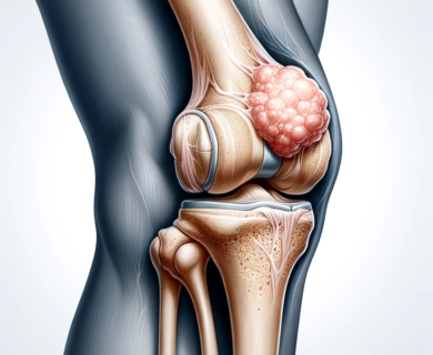 Imagem ilustrando um joelho humano com a presença ilustrativa de uma massa crescendo no osso sugerindo um cancer no osso