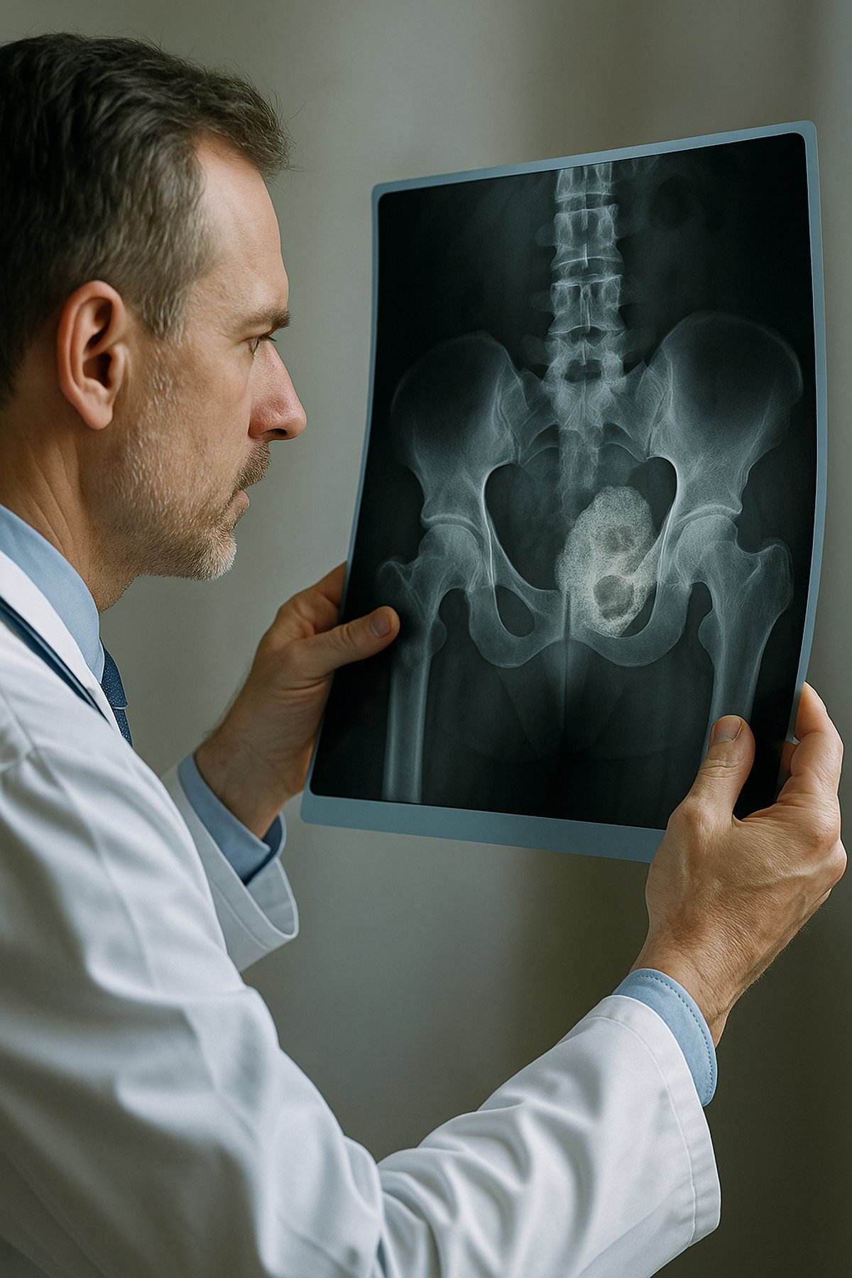 Médico ortopedista oncológico analisa radiografia de pelve e coluna em ambiente clínico, representando a precisão da imagenologia musculoesquelética no diagnóstico e tratamento de tumores ósseos — Clínica Orthos São Lourenço, Dr. Antonio Batalha Castello Neto.