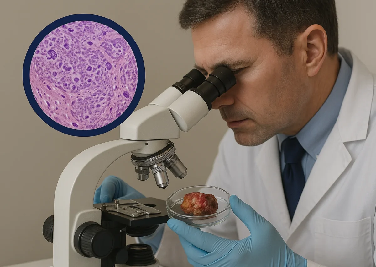 Patologista analisando amostra de tumor ósseo maligno sob microscópio em laboratório moderno