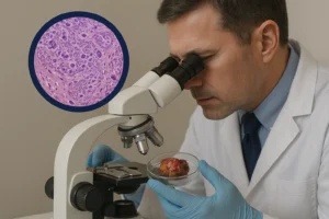 Patologista analisando amostra de tumor ósseo maligno sob microscópio em laboratório moderno